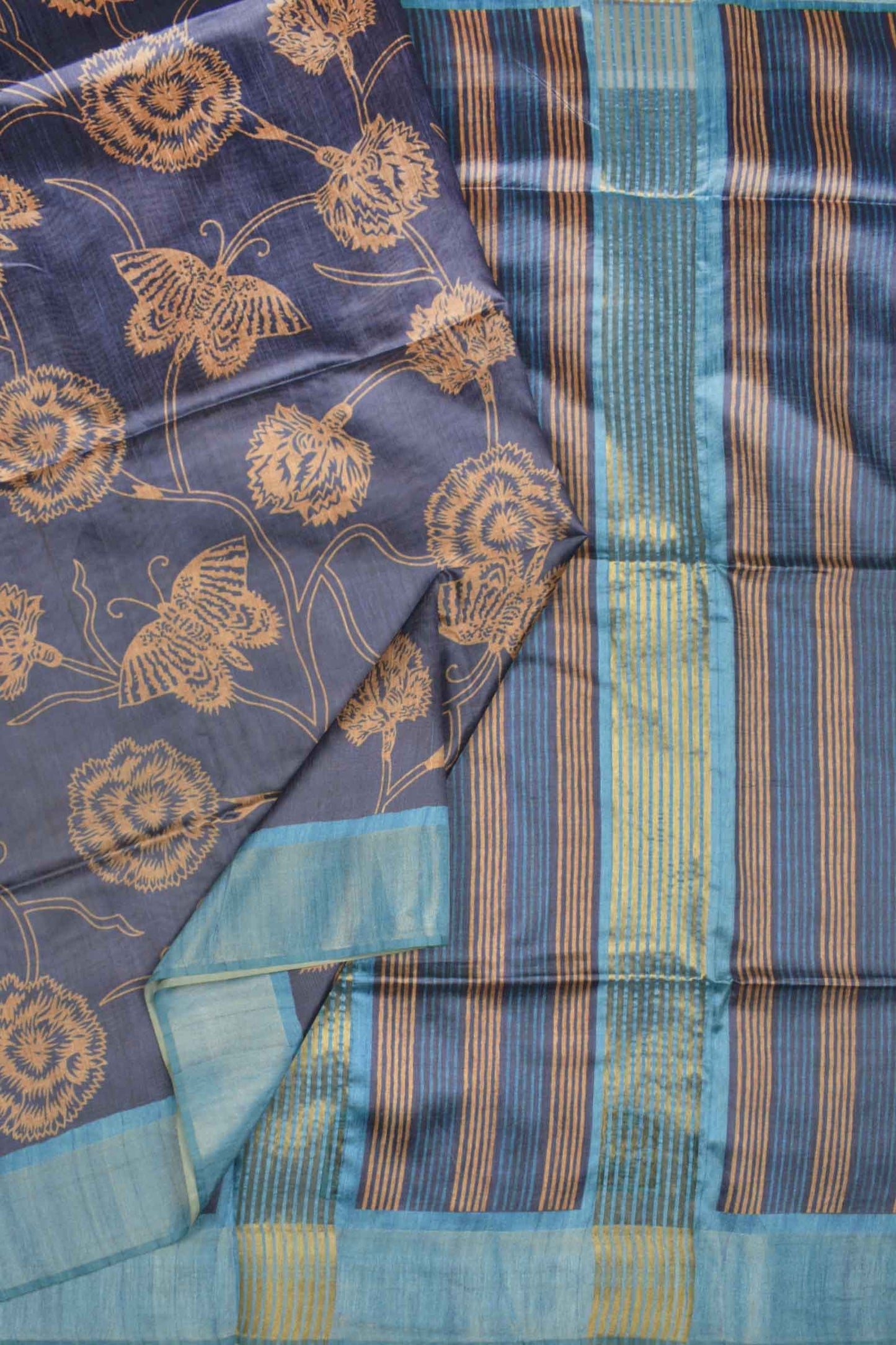 Blue With Yellow Semi Tussar Flowers Butterfly Floral Design Lines Pallu Saree