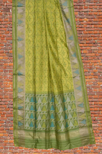 Green Semi Tussar Floral Design Printed Geometric Border Pallu Saree