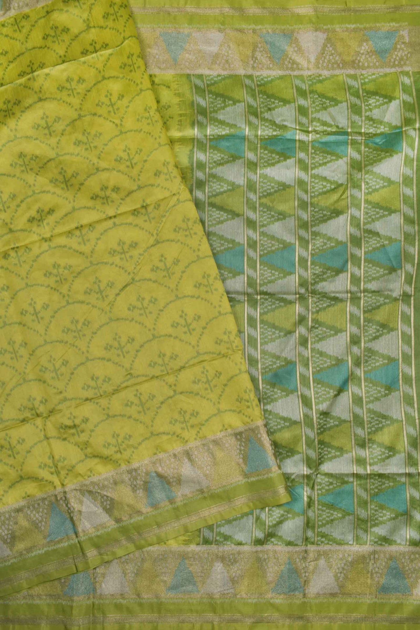 Green Semi Tussar Floral Design Printed Geometric Border Pallu Saree