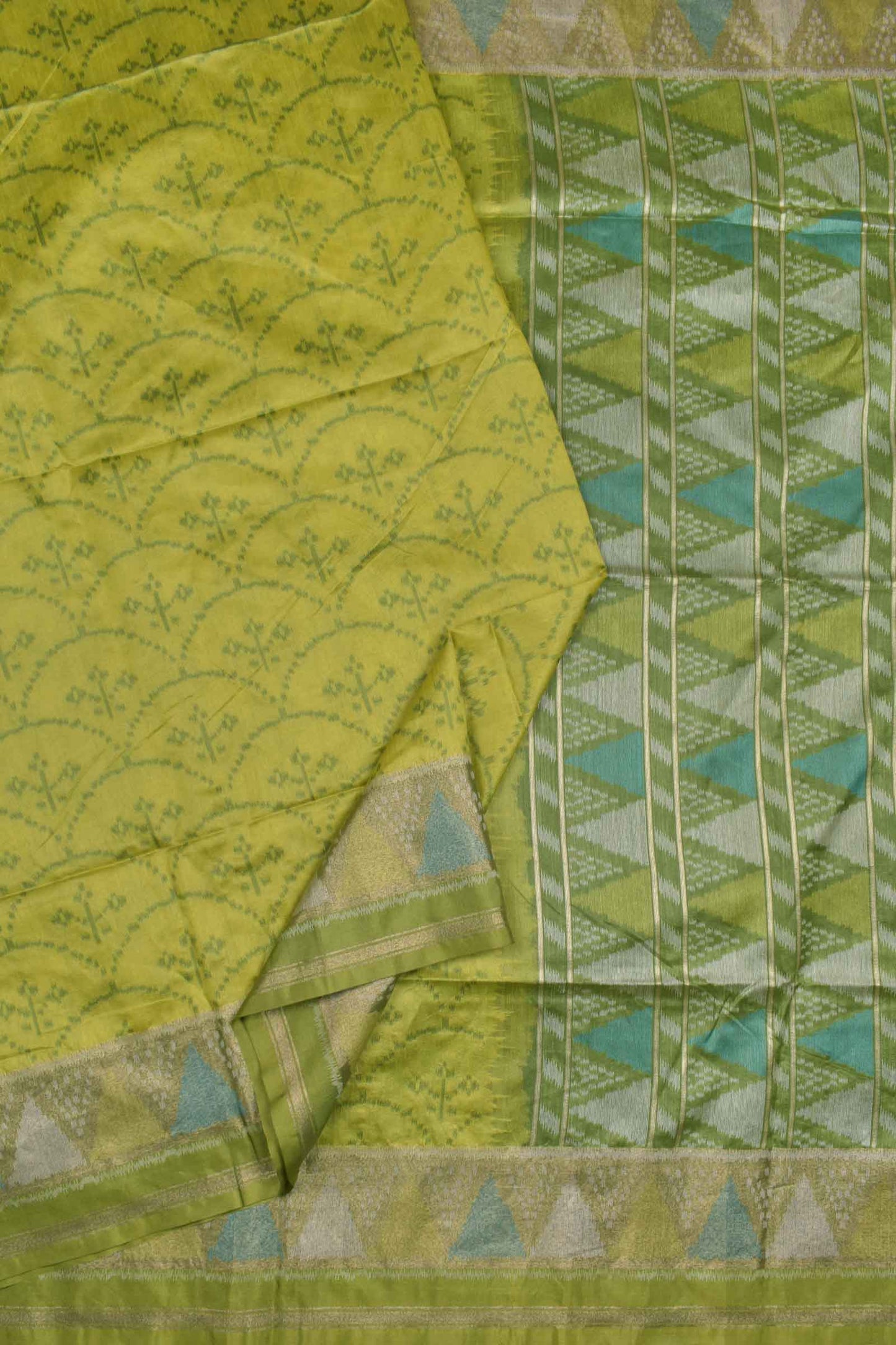 Green Semi Tussar Floral Design Printed Geometric Border Pallu Saree