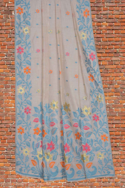 Off White Semi Tussar Flowers Butta Floral Flowers Border Pallu Saree