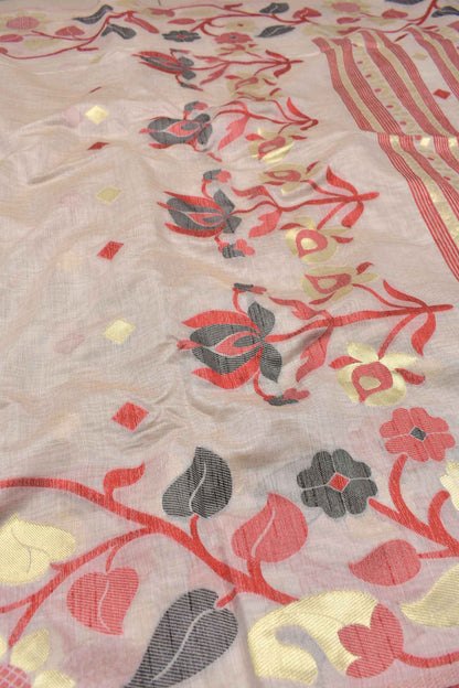 Off White Semi Tussar Printed Design Flowers Leaves Border Pallu Saree