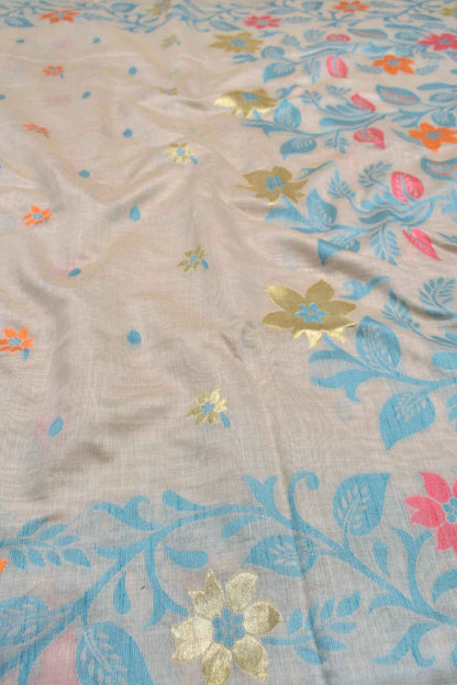 Off White Semi Tussar Flowers Butta Floral Flowers Border Pallu Saree