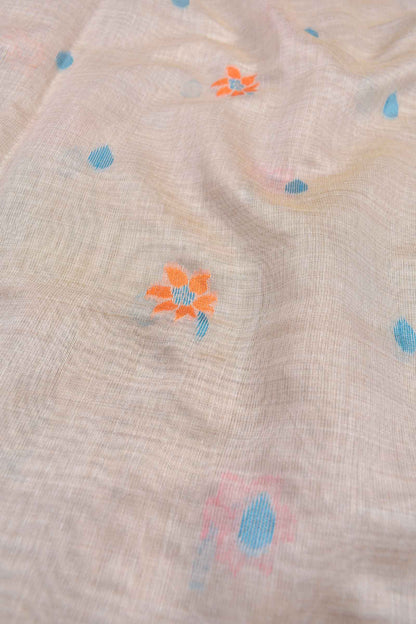 Off White Semi Tussar Flowers Butta Floral Flowers Border Pallu Saree