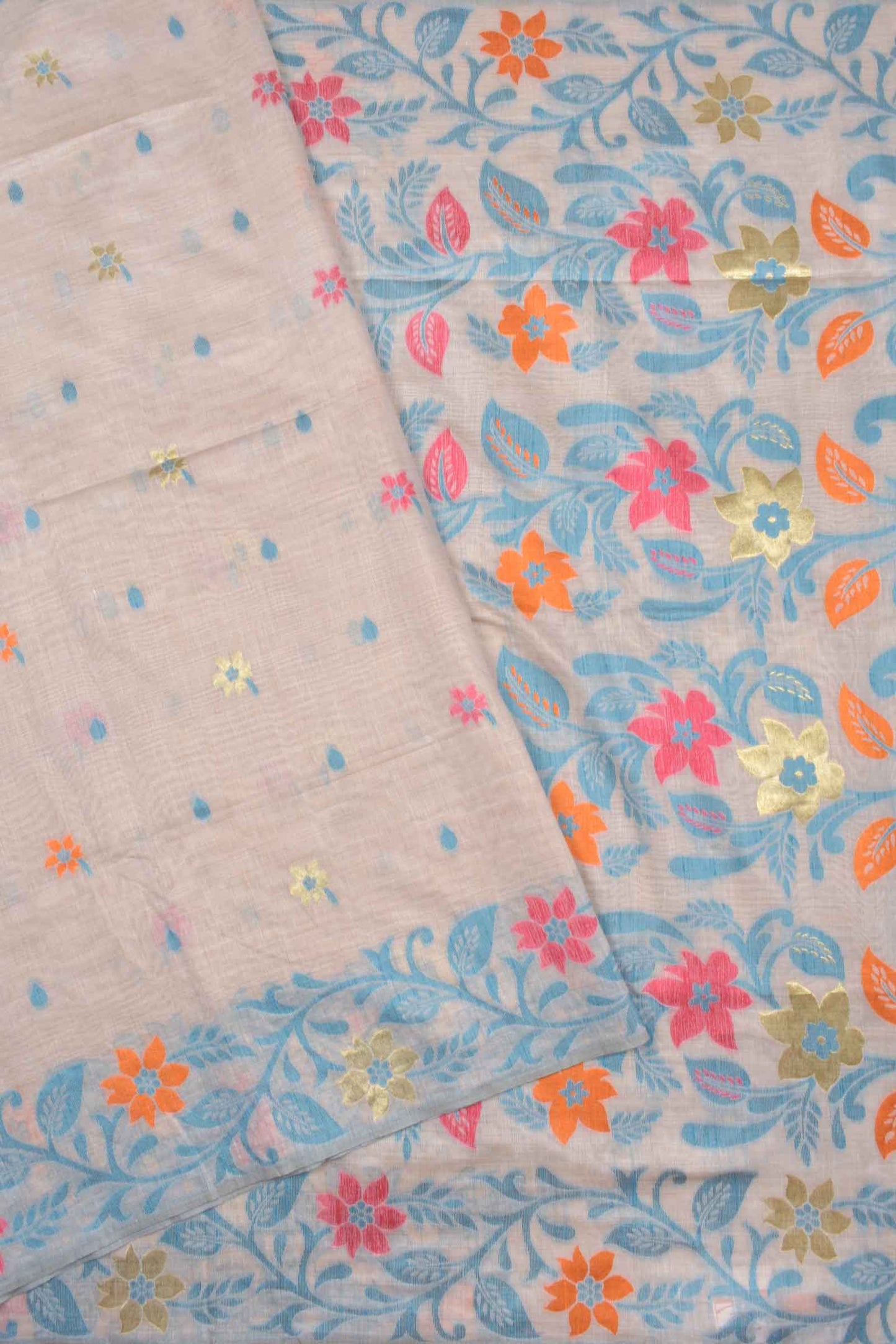 Off White Semi Tussar Flowers Butta Floral Flowers Border Pallu Saree