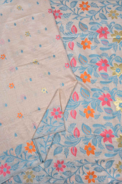 Off White Semi Tussar Flowers Butta Floral Flowers Border Pallu Saree