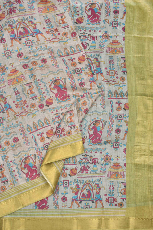 Off White Semi Tussar Fancy Design Printed Golden Zari Border Zari Lines Pallu Saree