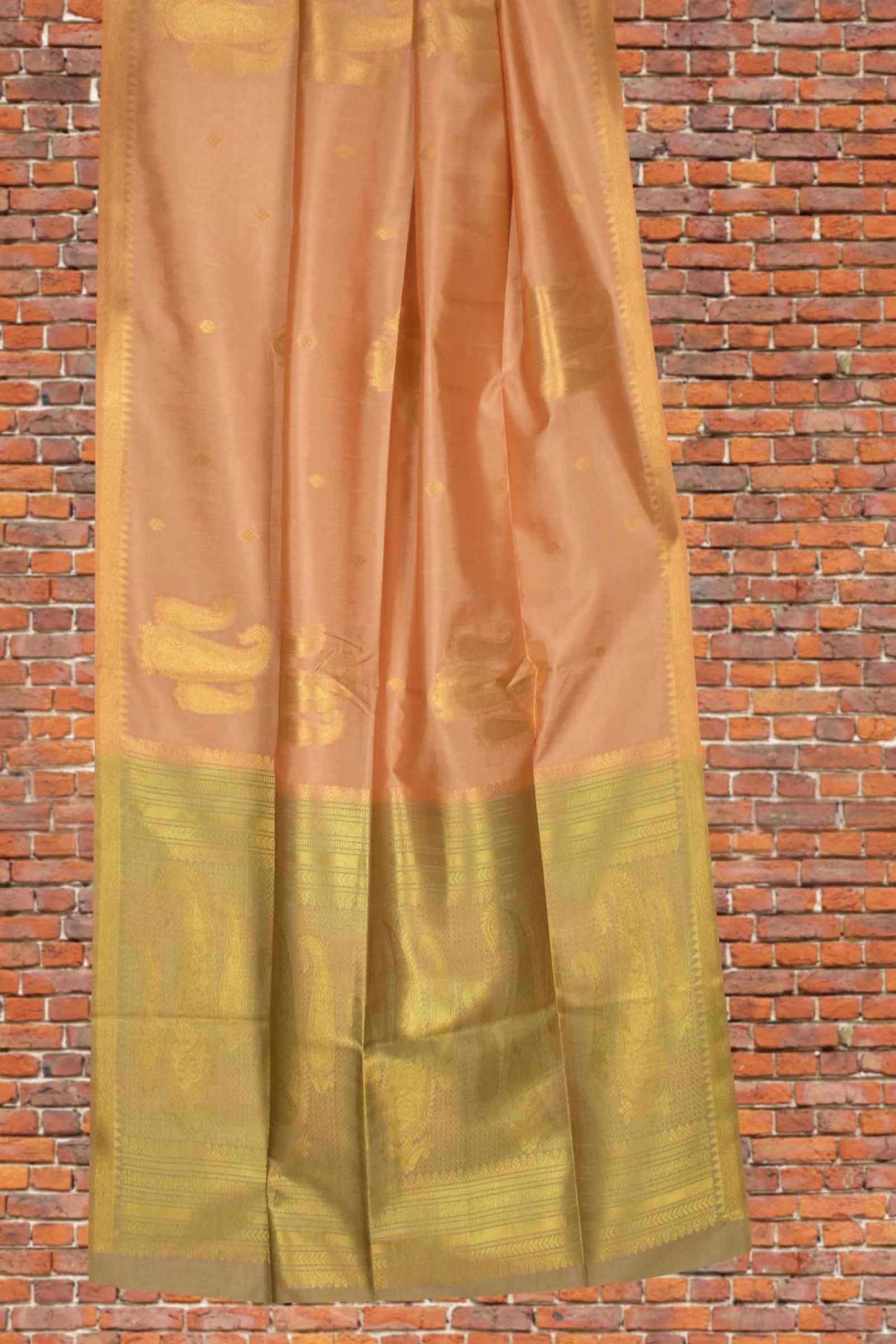 Light Orange Semi Tussar Mango Butta Zari Border Golden Green Mango Pallu Saree