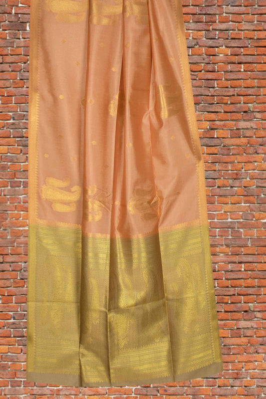 Light Orange Semi Tussar Mango Butta Zari Border Golden Green Mango Pallu Saree