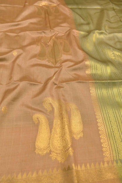 Light Orange Semi Tussar Mango Butta Zari Border Golden Green Mango Pallu Saree