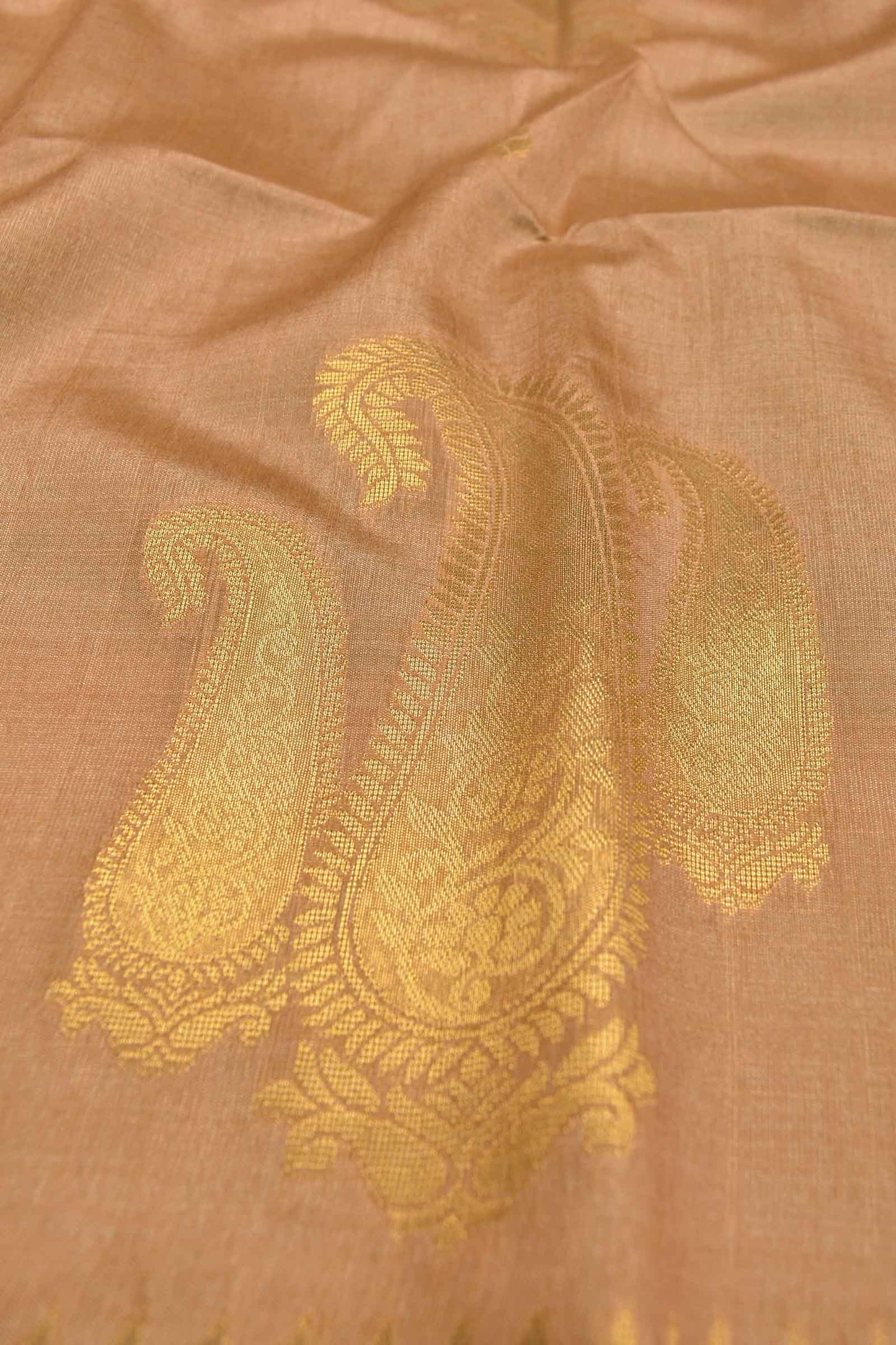 Light Orange Semi Tussar Mango Butta Zari Border Golden Green Mango Pallu Saree