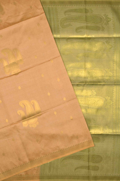 Light Orange Semi Tussar Mango Butta Zari Border Golden Green Mango Pallu Saree