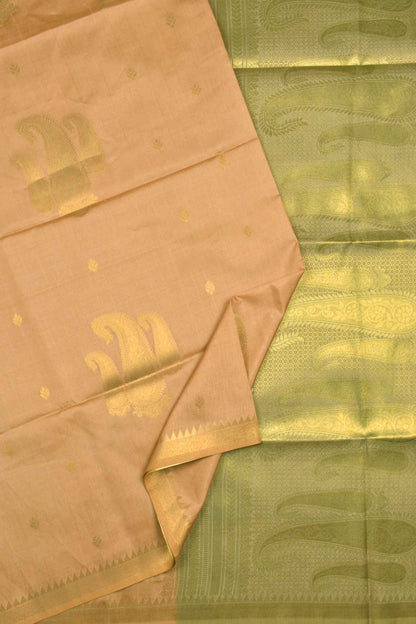 Light Orange Semi Tussar Mango Butta Zari Border Golden Green Mango Pallu Saree