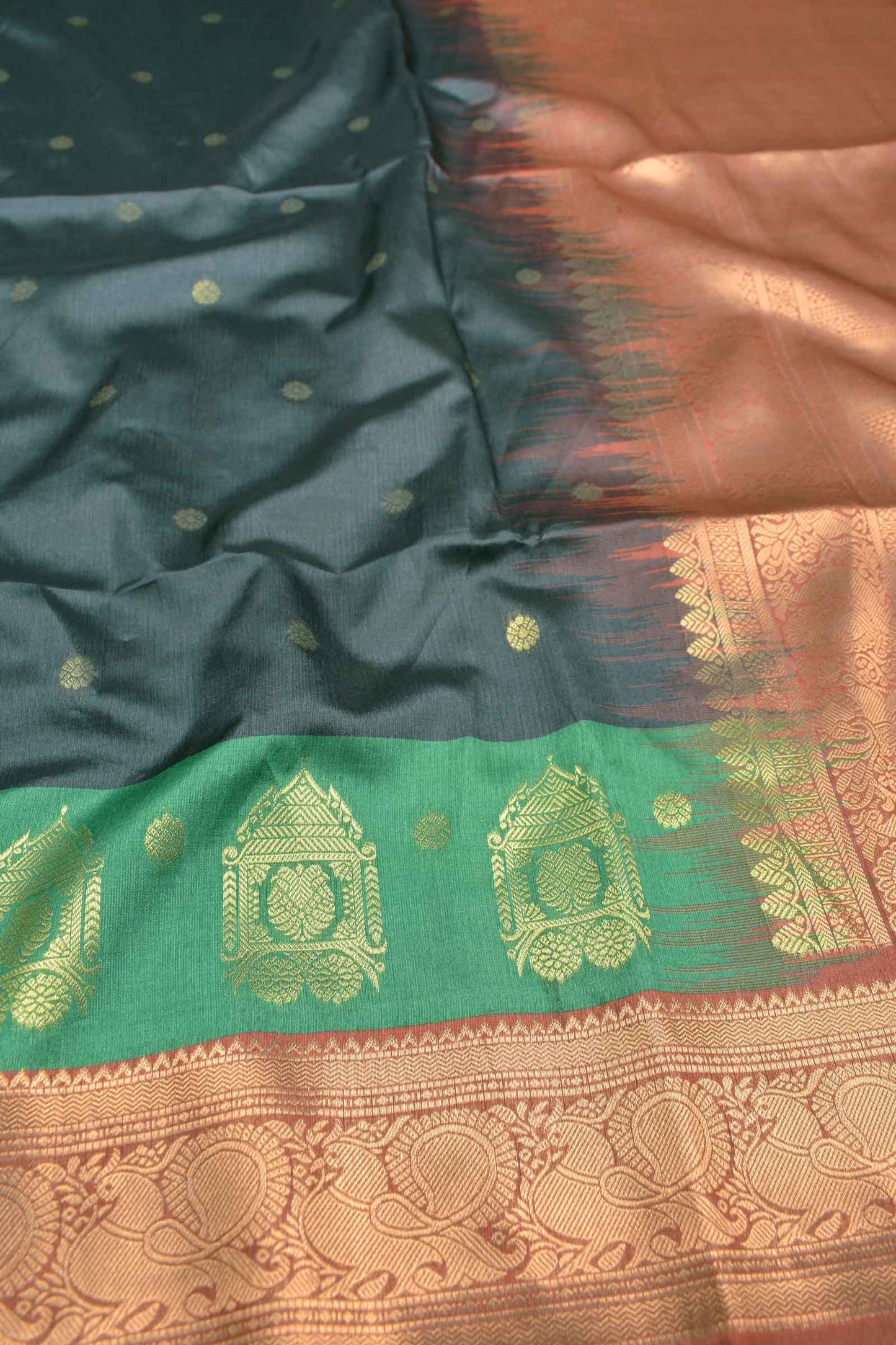 Dark Blue Semi Tussar Little Flowers Butta Red Peacock Border Zari  Pallu Saree