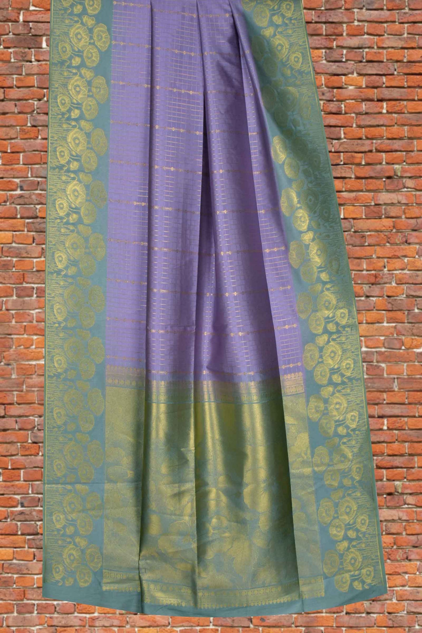 Violet Semi Tussar Small Golden Checks Golden Flowers Border Pallu Saree