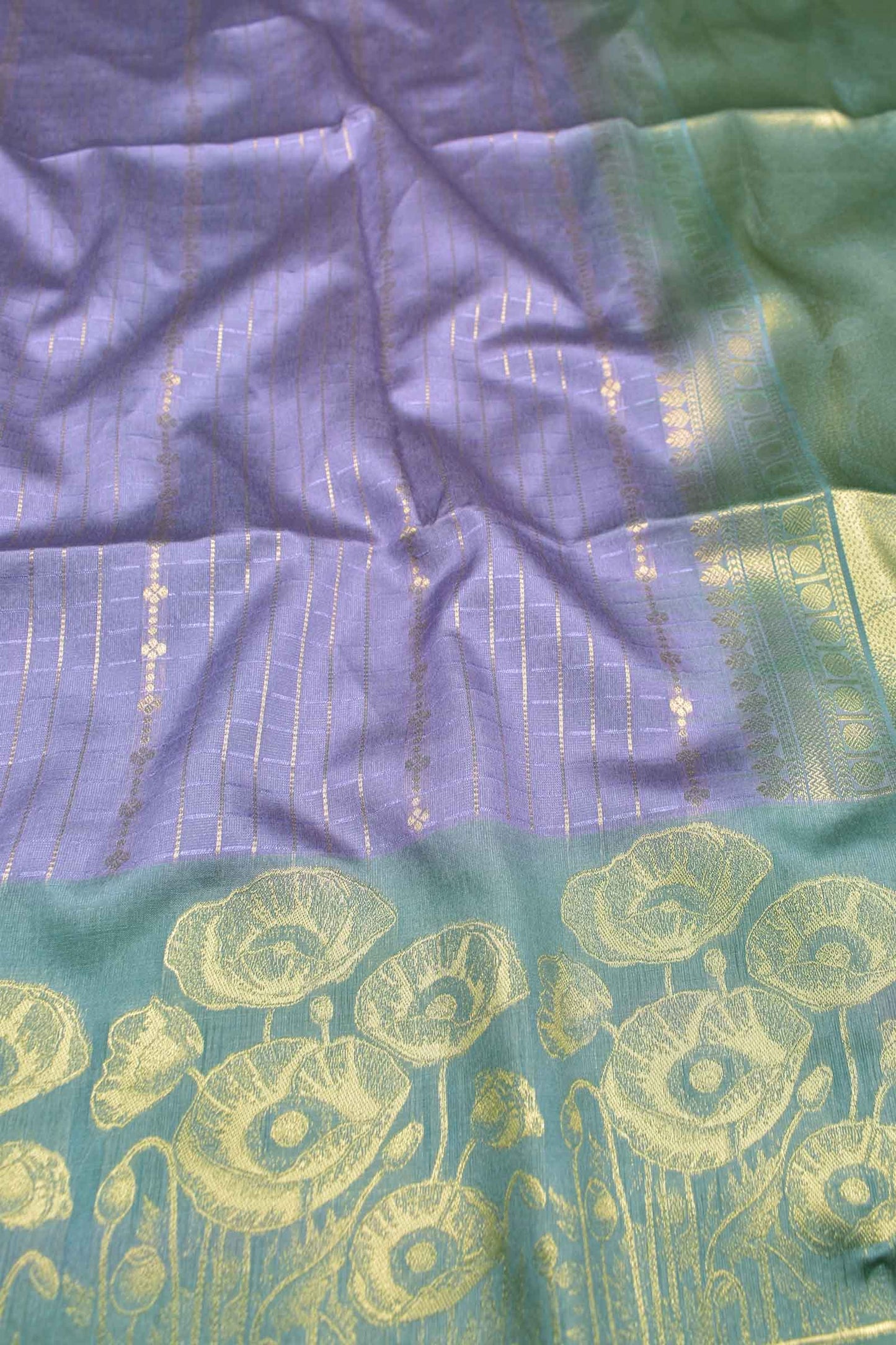 Violet Semi Tussar Small Golden Checks Golden Flowers Border Pallu Saree