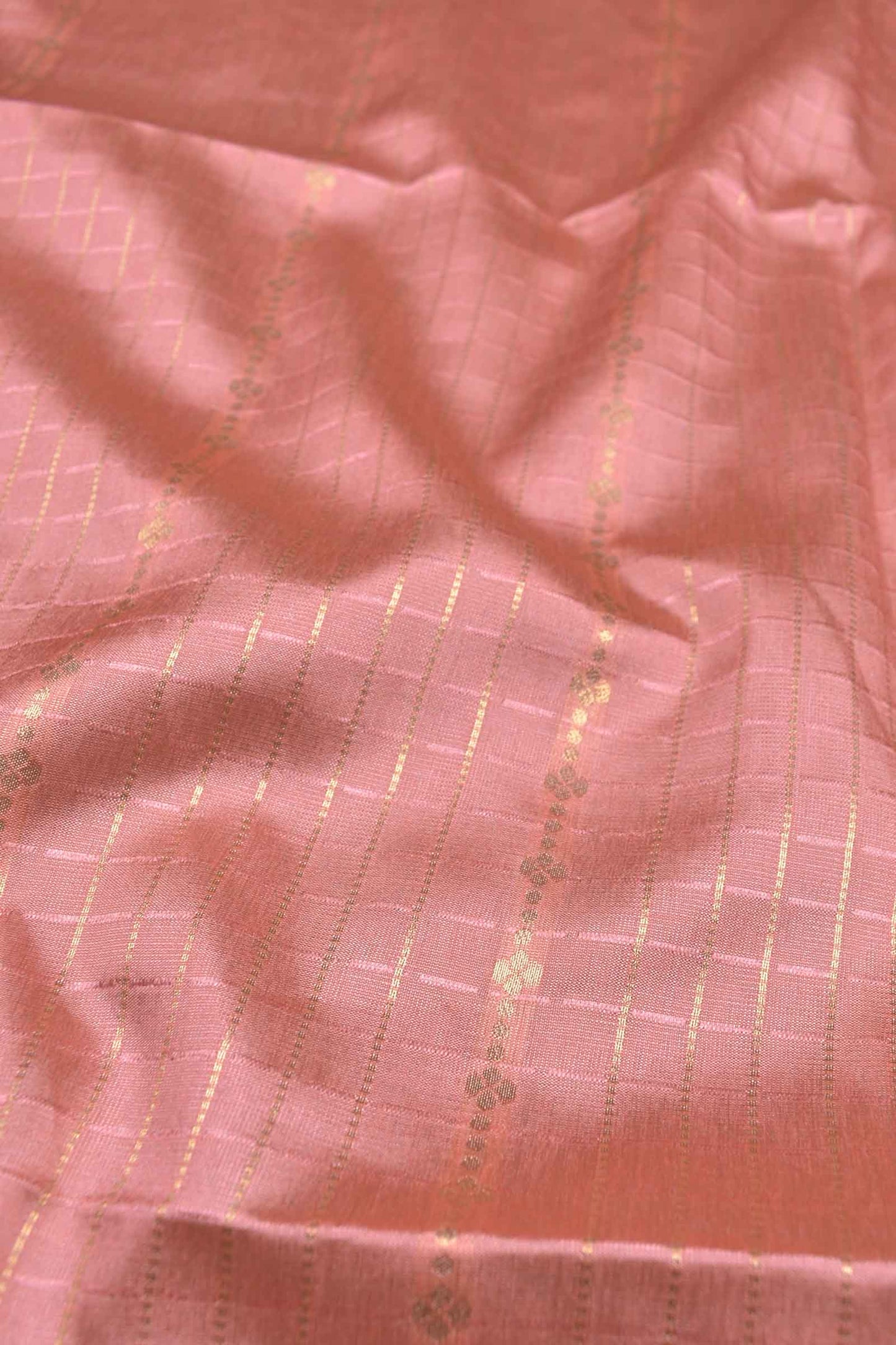 Rose Pink Semi Tussar Small Golden Checks Golden Flowers Border Pallu Saree