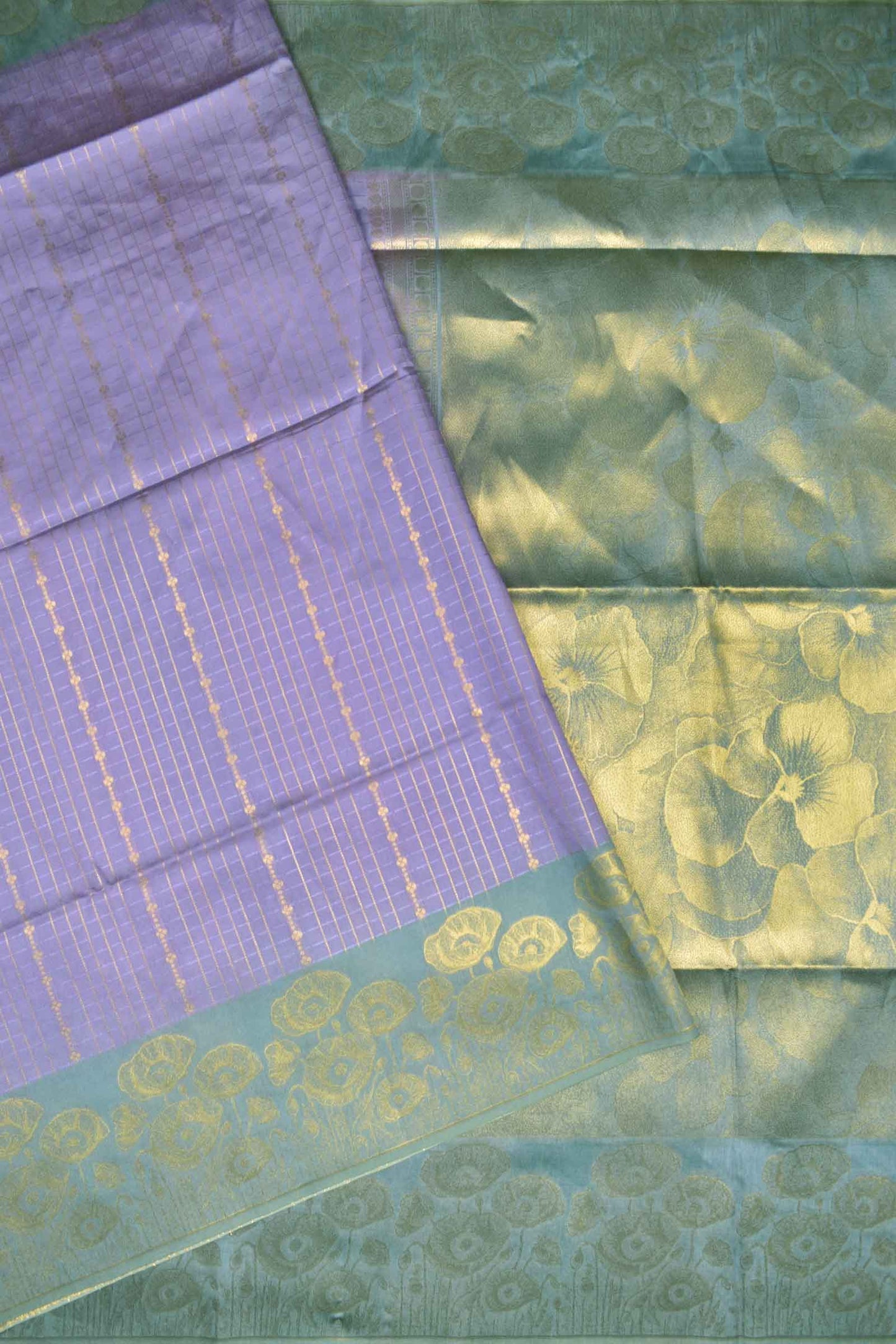 Violet Semi Tussar Small Golden Checks Golden Flowers Border Pallu Saree