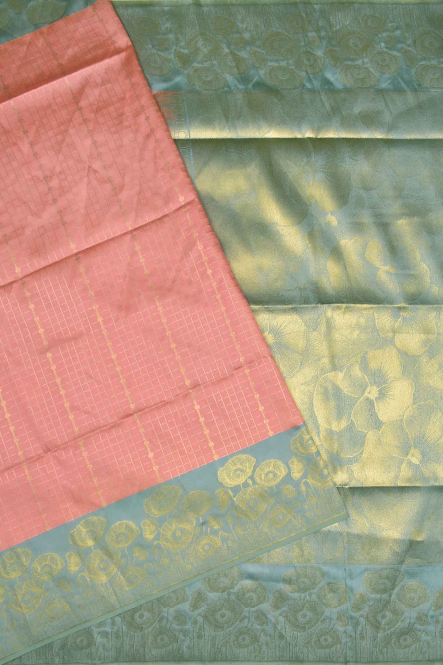 Rose Pink Semi Tussar Small Golden Checks Golden Flowers Border Pallu Saree