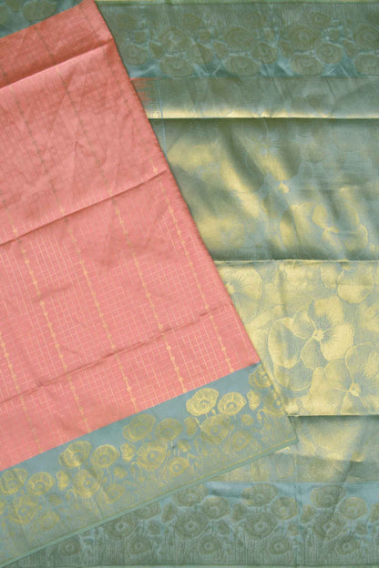 Rose Pink Semi Tussar Small Golden Checks Golden Flowers Border Pallu Saree