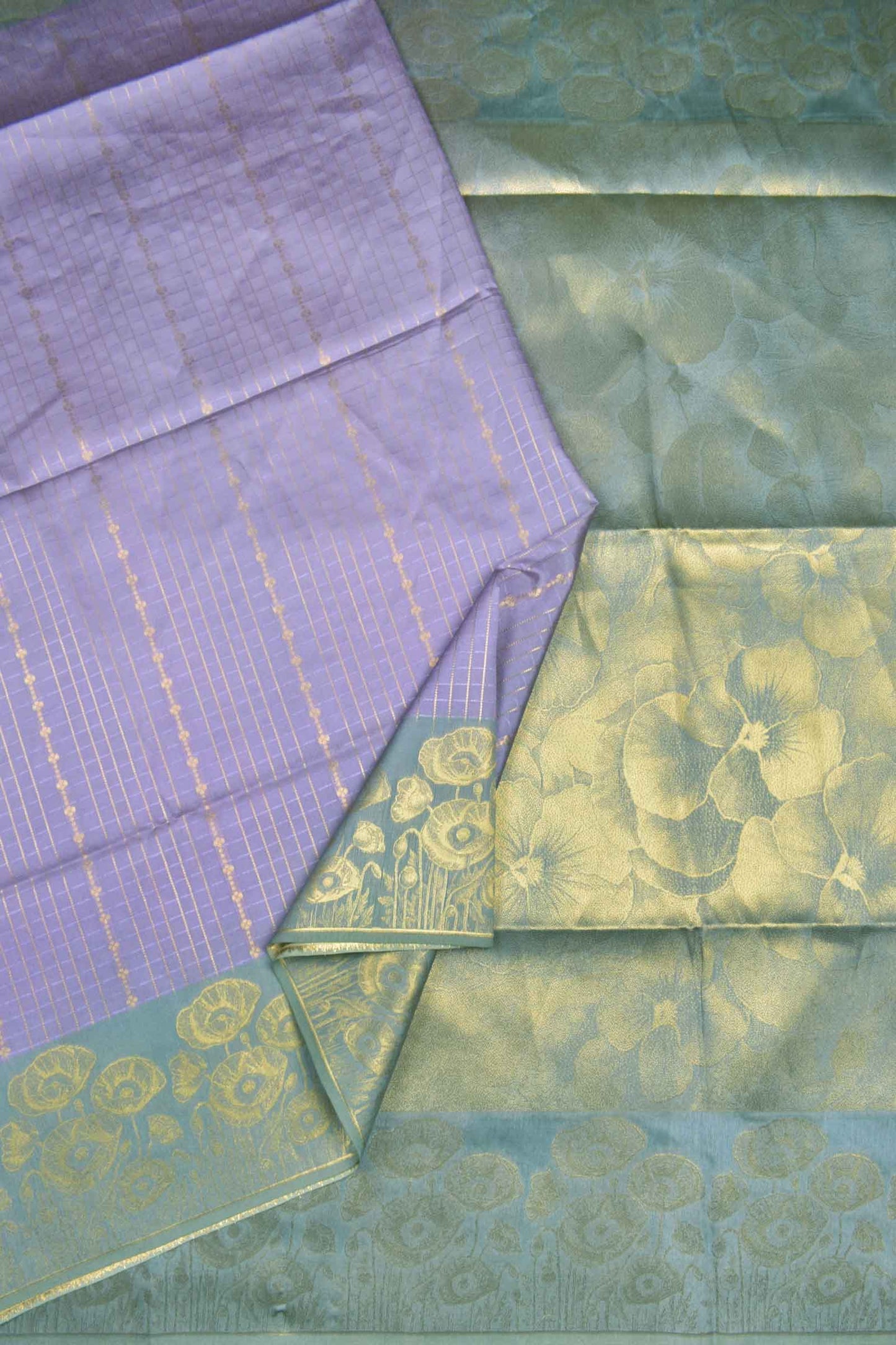 Violet Semi Tussar Small Golden Checks Golden Flowers Border Pallu Saree