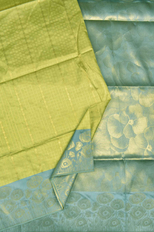 Green Semi Tussar Small Golden Checks Golden Flowers Border Pallu Saree