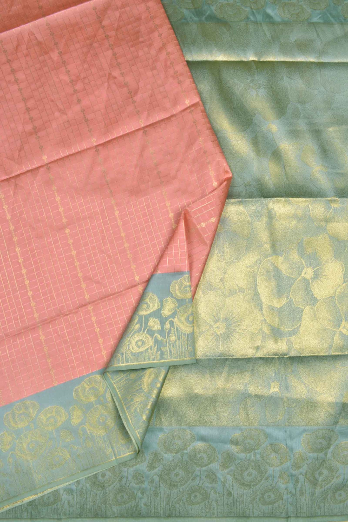 Rose Pink Semi Tussar Small Golden Checks Golden Flowers Border Pallu Saree