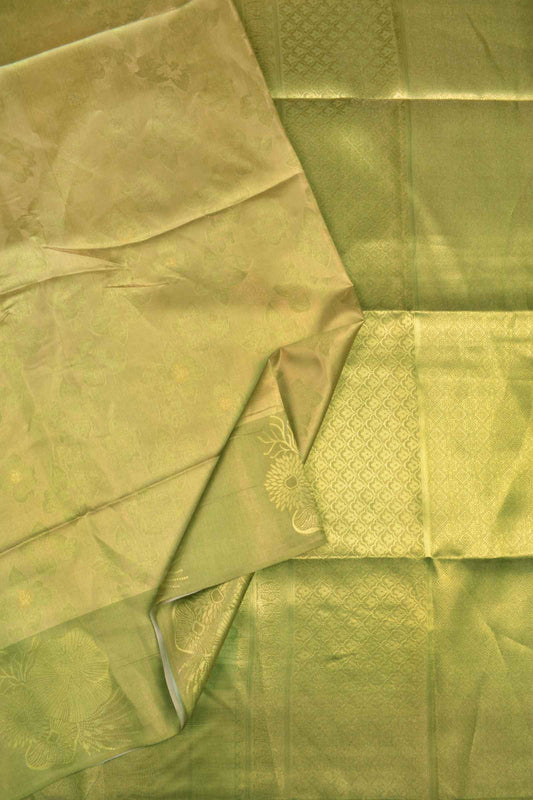 Green With Gold Semi Tussar Floral Flowers Printed  Golden Flowers Border Pallu Saree