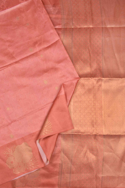 Pink With Orange Semi Tussar Floral Flowers Printed Golden Flowers Border Pallu Saree