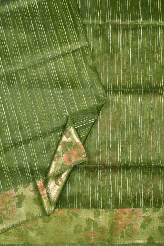 Olive Green Organza Silk Zari Lines Floral Border Saree