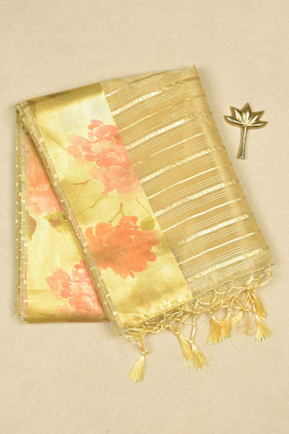 Pastel Yellow Organza Silk Zari Lines Floral Border Saree
