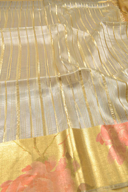 Pastel Yellow Organza Silk Zari Lines Floral Border Saree