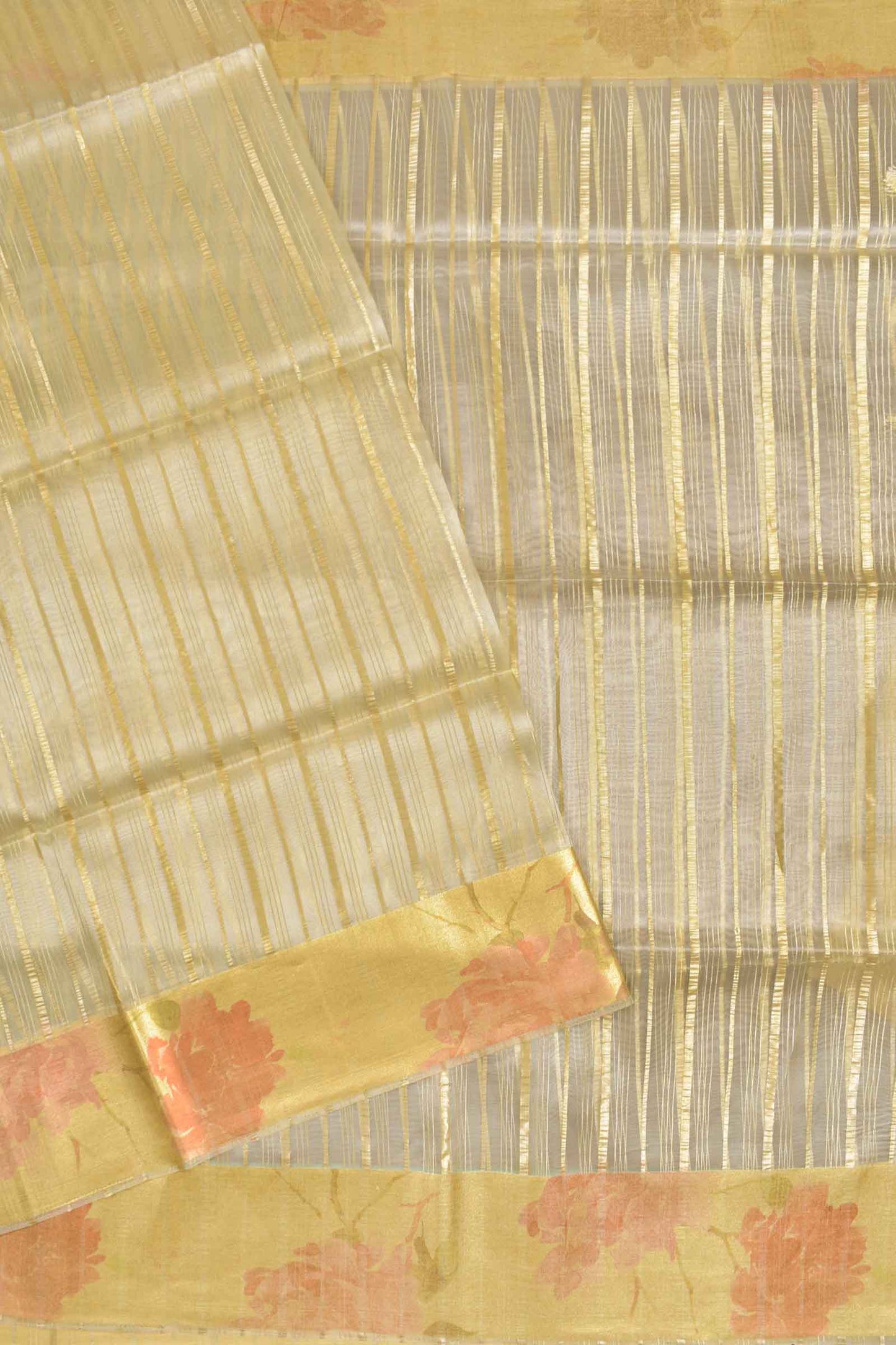 Pastel Yellow Organza Silk Zari Lines Floral Border Saree