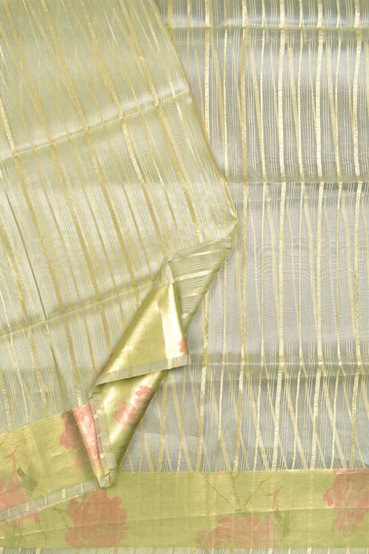 Green Organza Silk Zari Lines Floral Border Saree