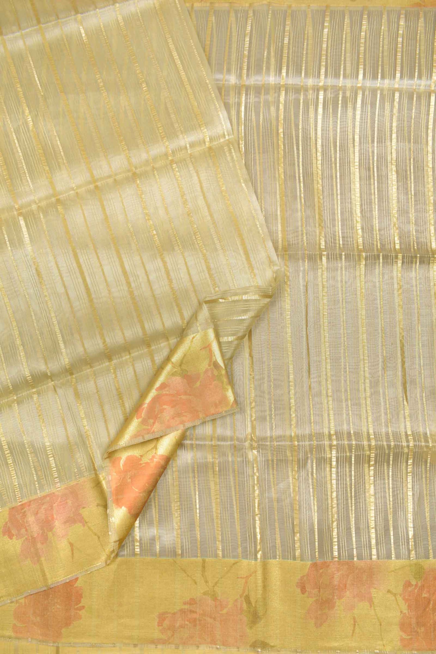 Pastel Yellow Organza Silk Zari Lines Floral Border Saree