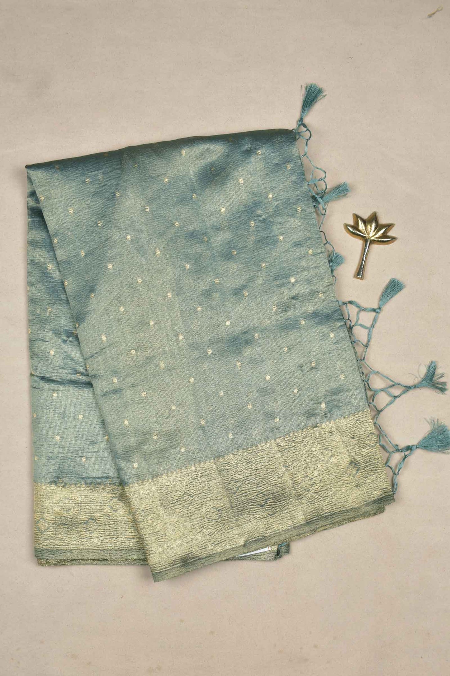 Golden Grey Crushed Tissue Dots Butta Zari Border Saree