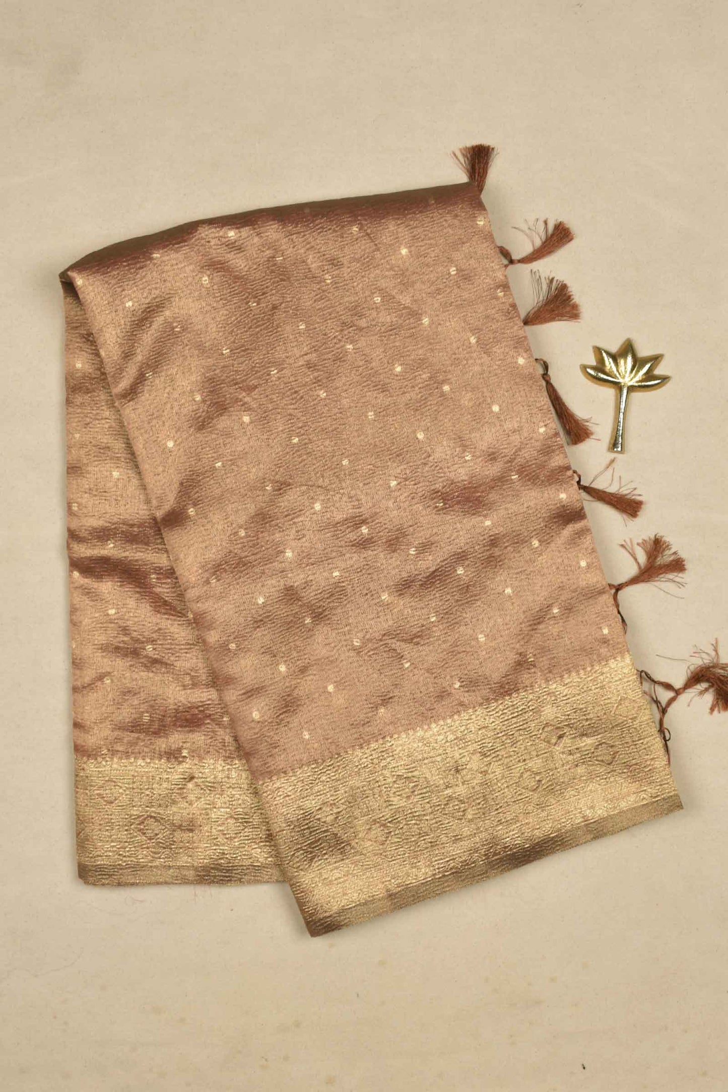 Golden Brown Crushed Tissue Dots Butta Zari Border Saree