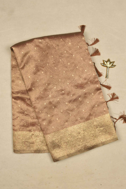 Golden Brown Crushed Tissue Dots Butta Zari Border Saree