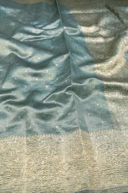 Golden Grey Crushed Tissue Dots Butta Zari Border Saree