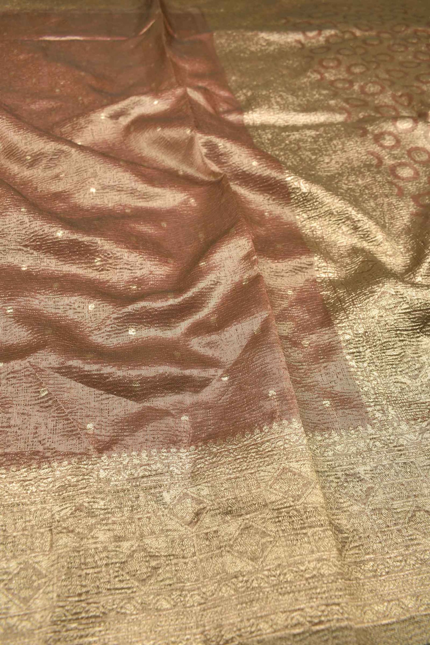 Golden Brown Crushed Tissue Dots Butta Zari Border Saree