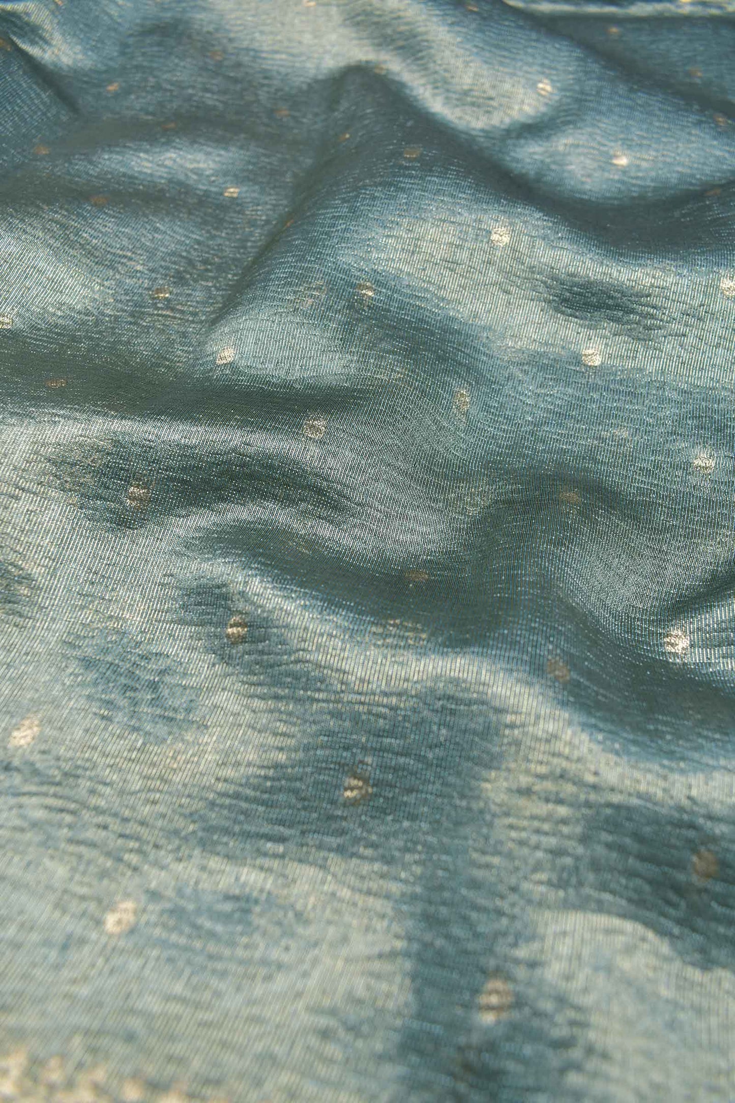 Golden Grey Crushed Tissue Dots Butta Zari Border Saree