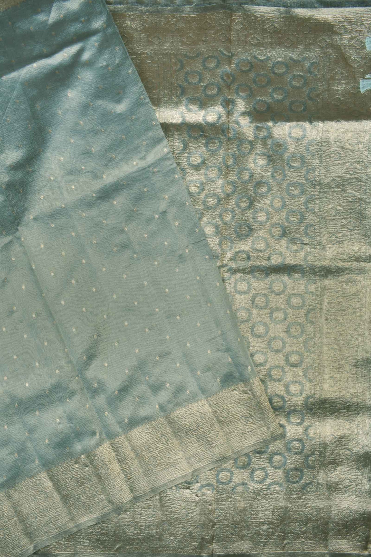 Golden Grey Crushed Tissue Dots Butta Zari Border Saree