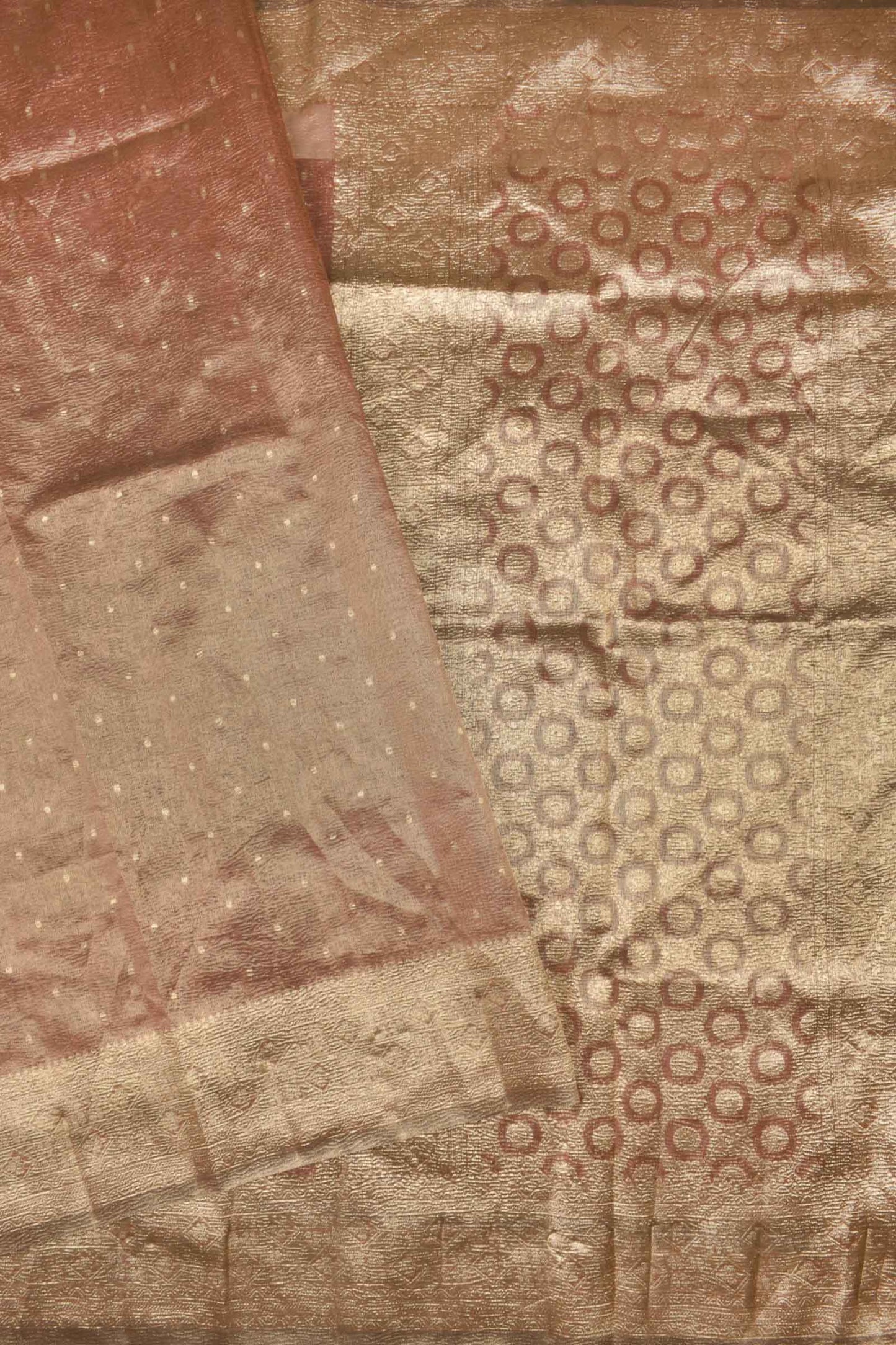 Golden Brown Crushed Tissue Dots Butta Zari Border Saree