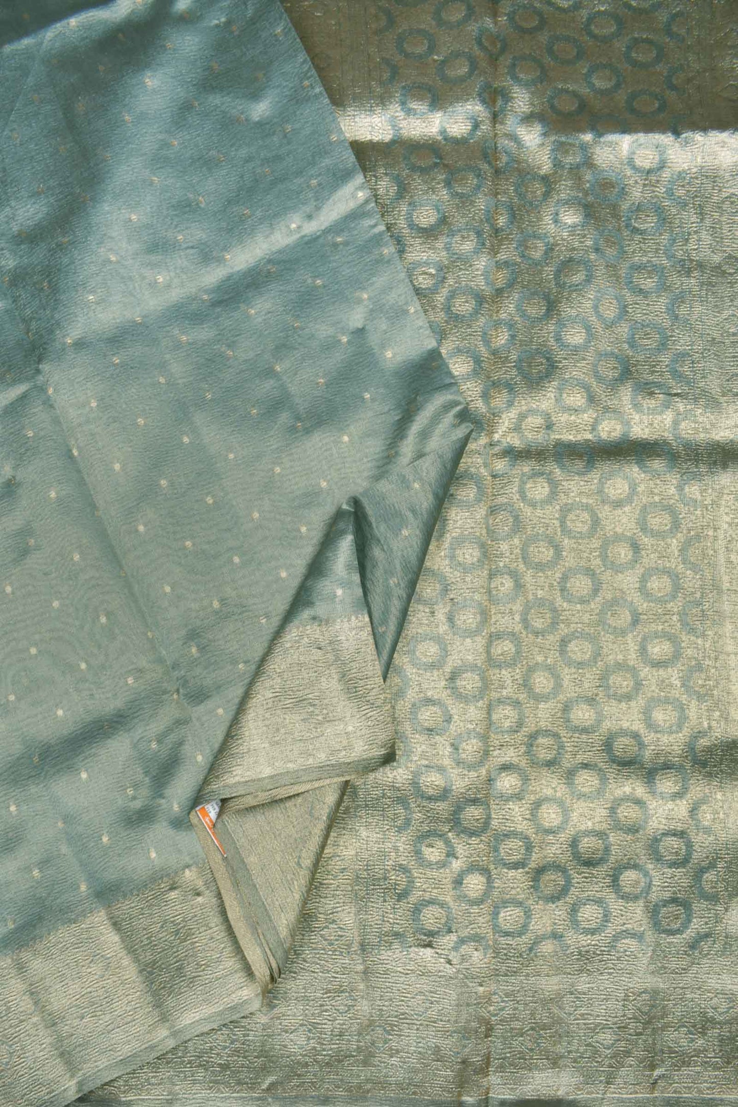Golden Grey Crushed Tissue Dots Butta Zari Border Saree