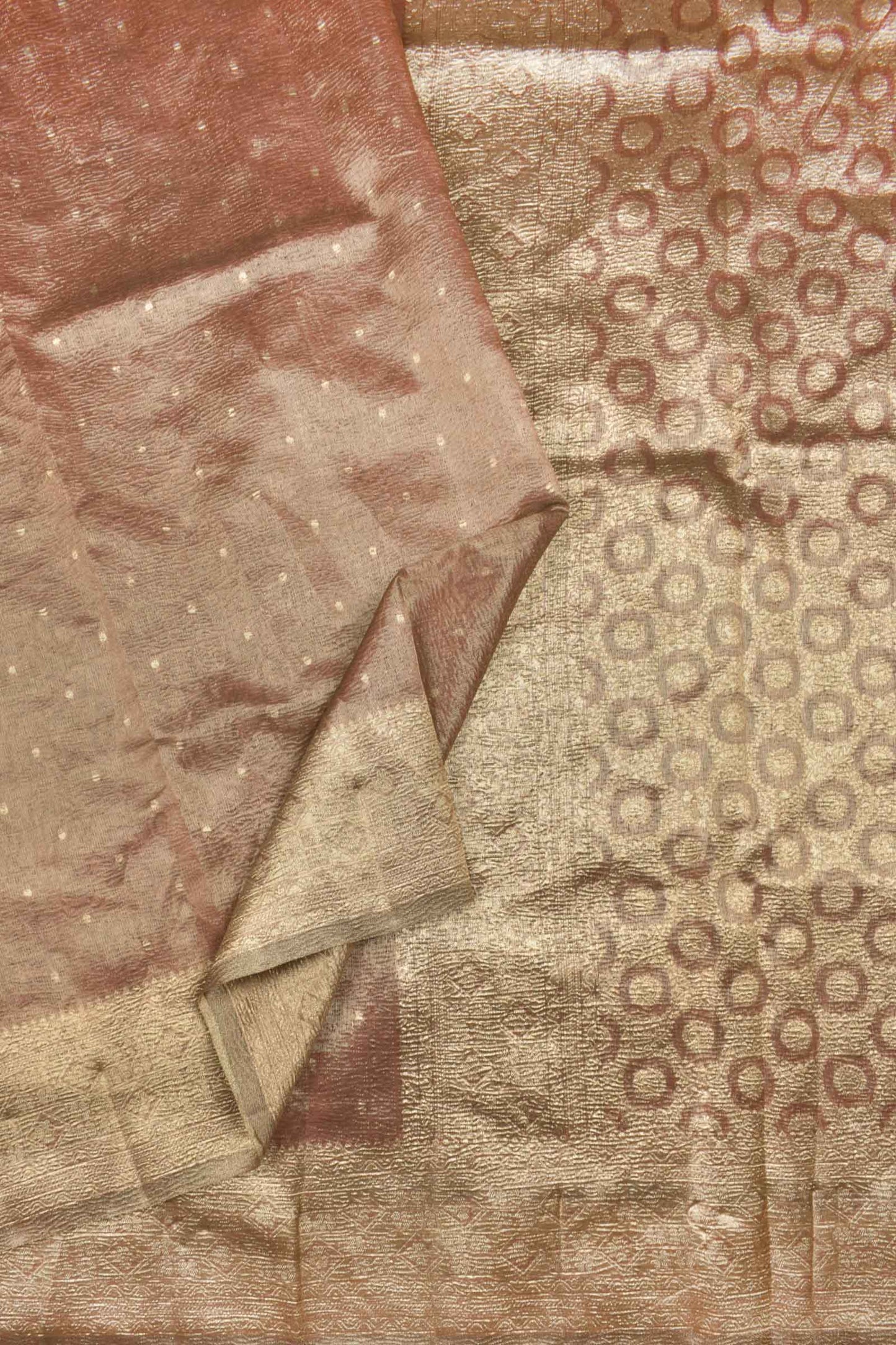 Golden Brown Crushed Tissue Dots Butta Zari Border Saree