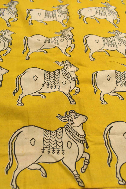 Yellow Cotton Chudithar Material Pichwai Cow Design Suit