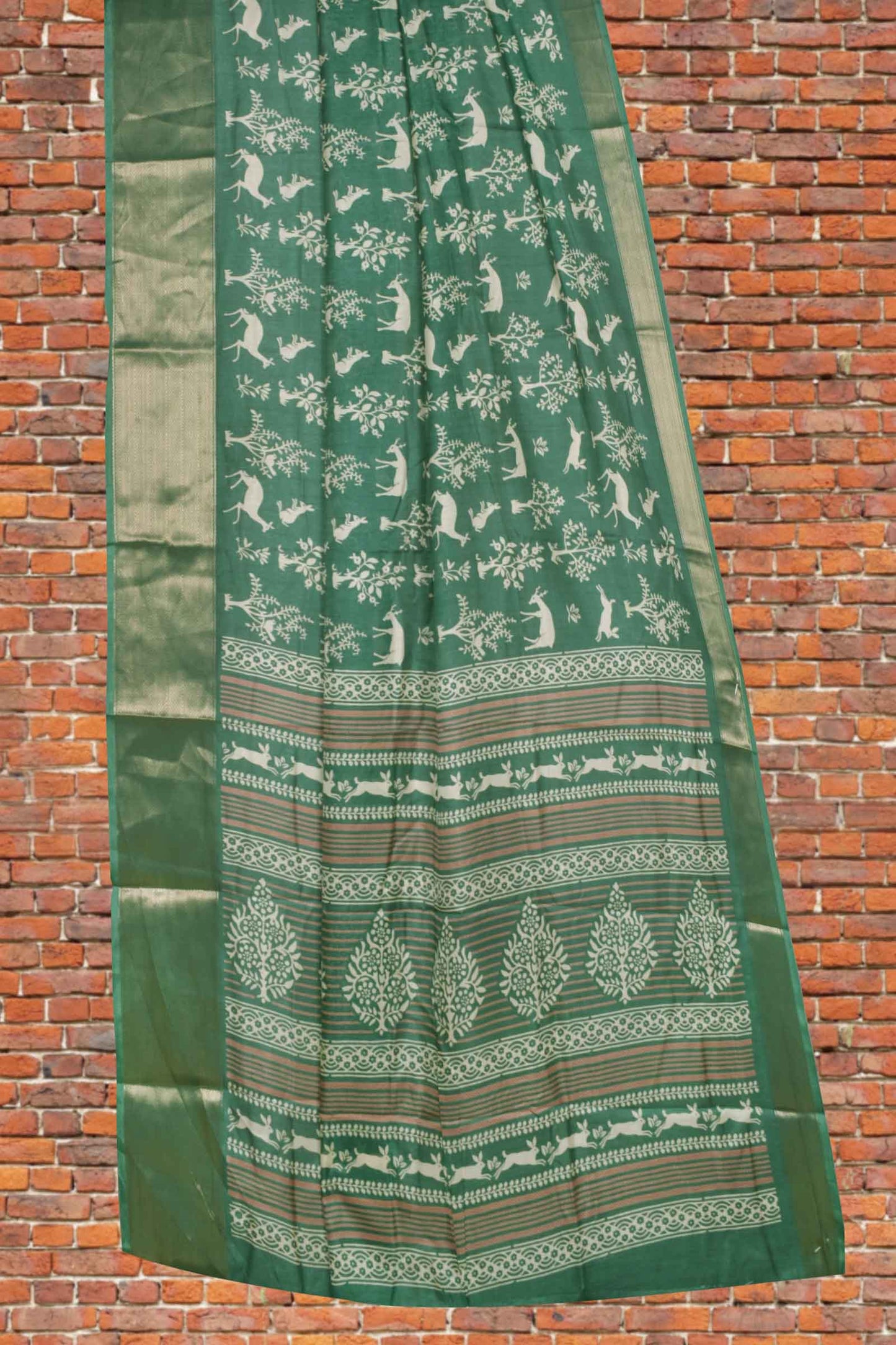 Green Semi Dola Forest Range Printed Zari Border Saree