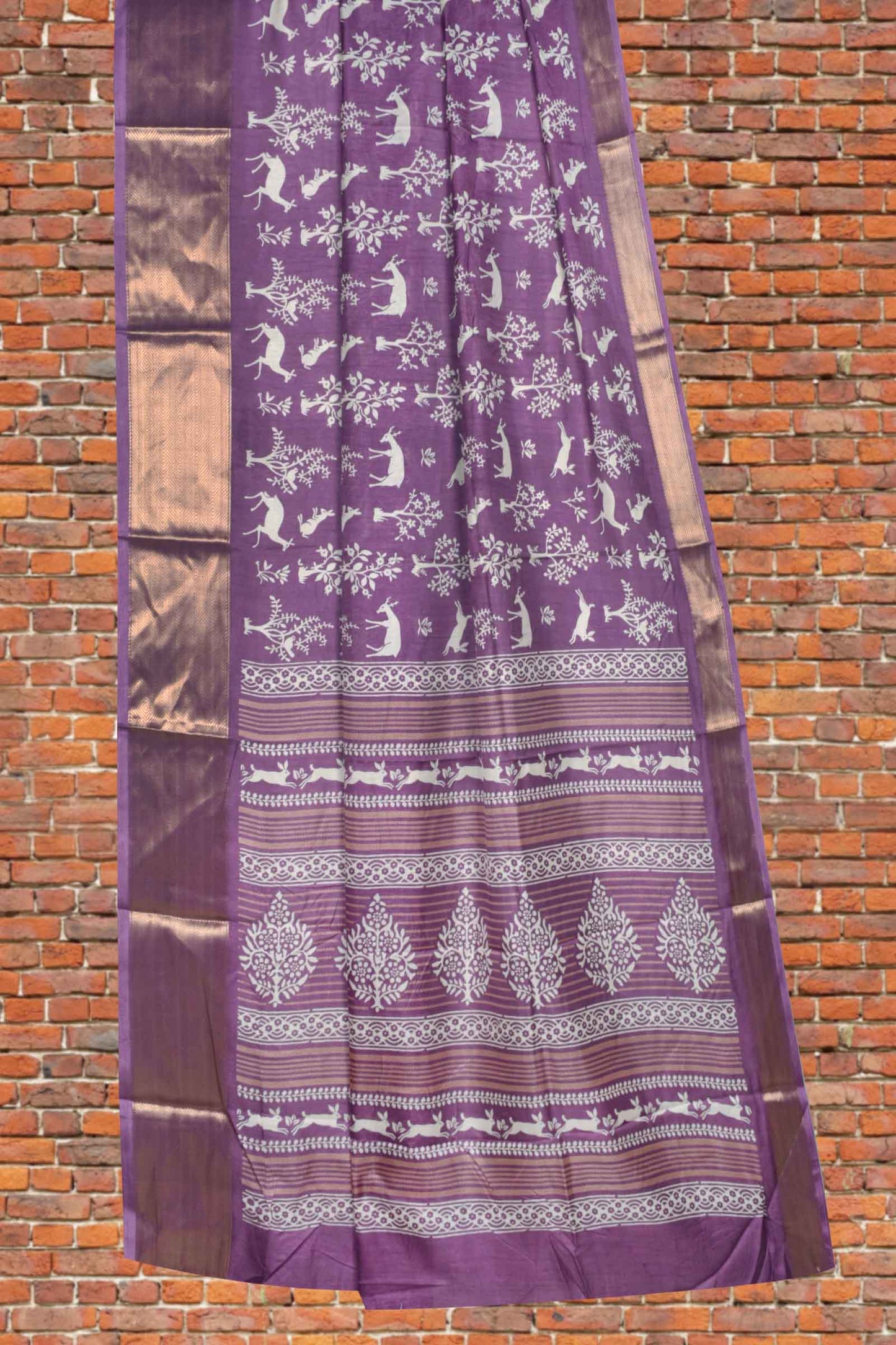 Mauve Violet Semi Dola Forest Scenes Printed Zari Border Saree