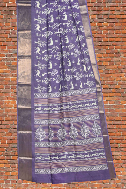 Violet Semi Dola Forest Scenes Printed Zari Border Saree