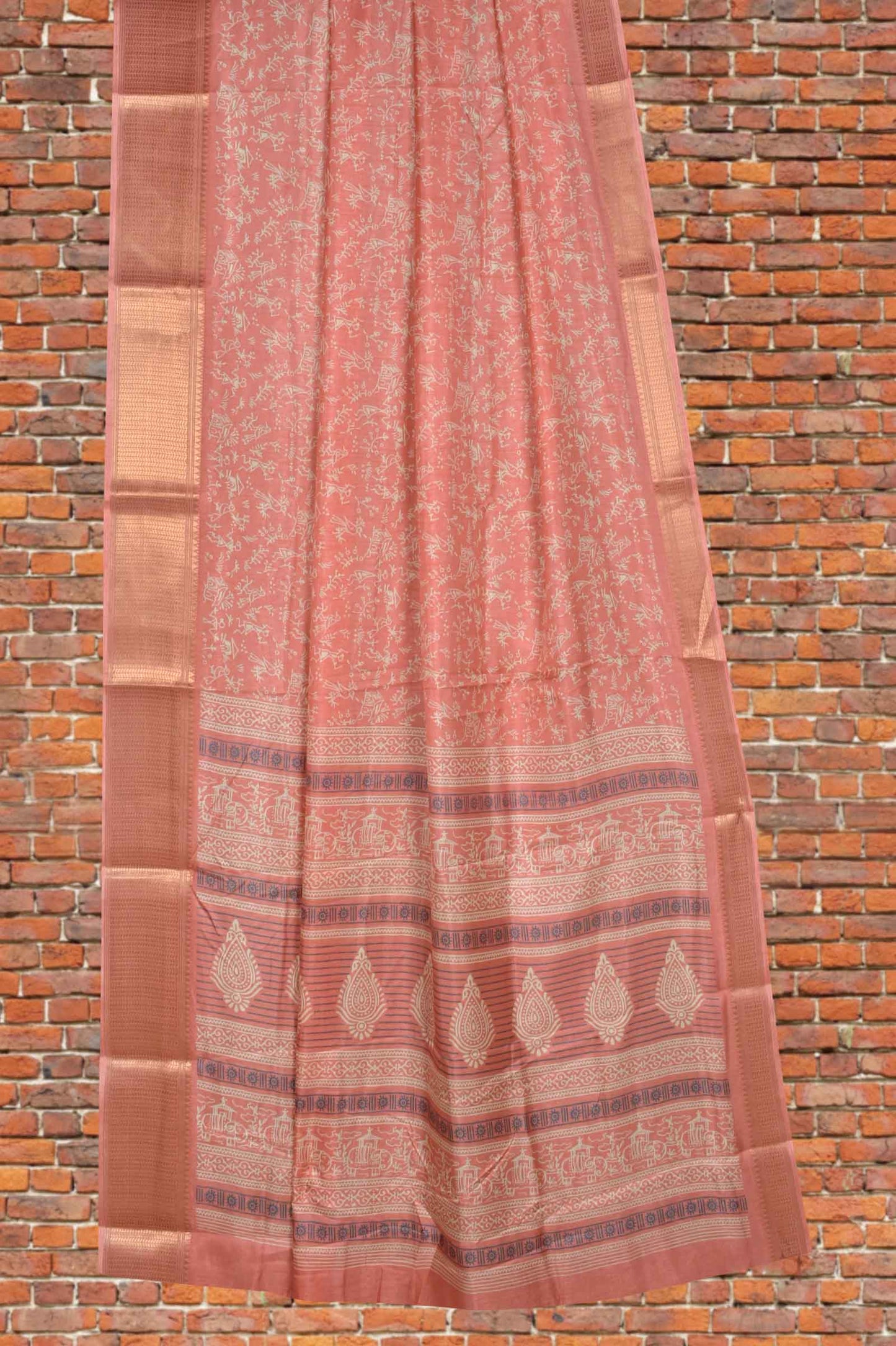 Peach Semi Dola Warli Fancy Print Golden Border Saree